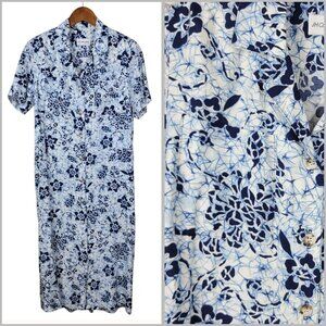 Vintage Tropical Hawaiian Shirt Dress size 2 Floral Sheath Blue Button Front